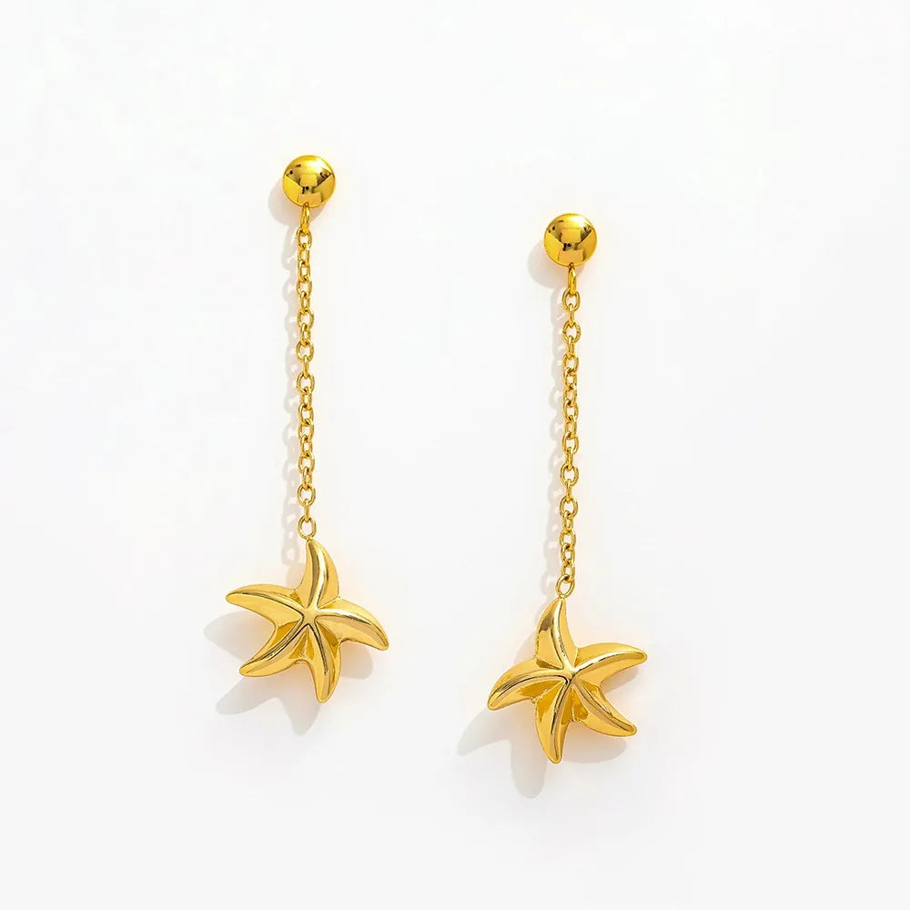 New Vintage 18k Gold Plated Stainless Steel Sea Star Pendant Chain Tassel Stud Earring Dainty Geometric Jewelry for Women