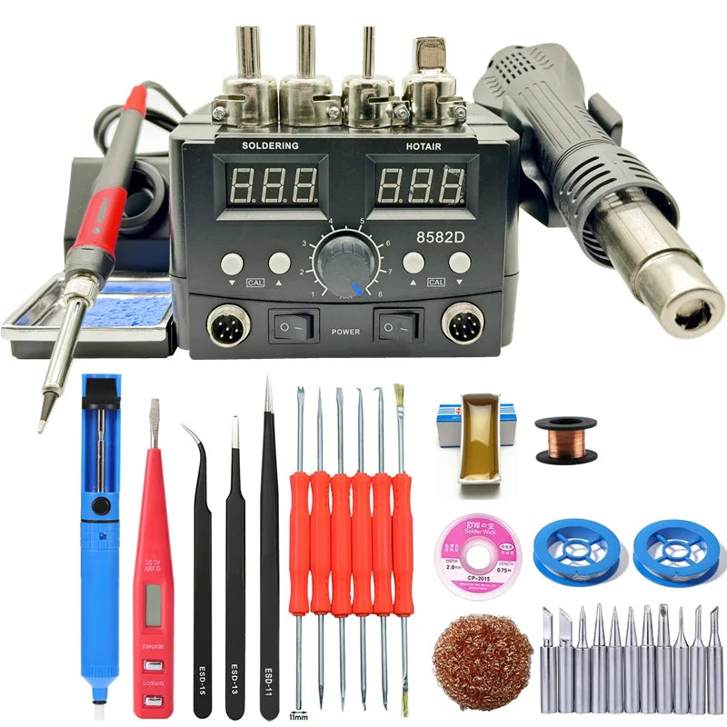 8582D Soldering Station SMD Hot Air Rework Station LED Dual-Digit Display Hot Air Gun Soldering Iron Kit Auto-Sleep Function