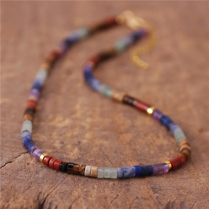 Bohemian Natural Stone Rainbow Stacking 7 Chakra Beaded Choker Necklace Yoga Statement Short Necklace Gift Jewelry Dropshipping