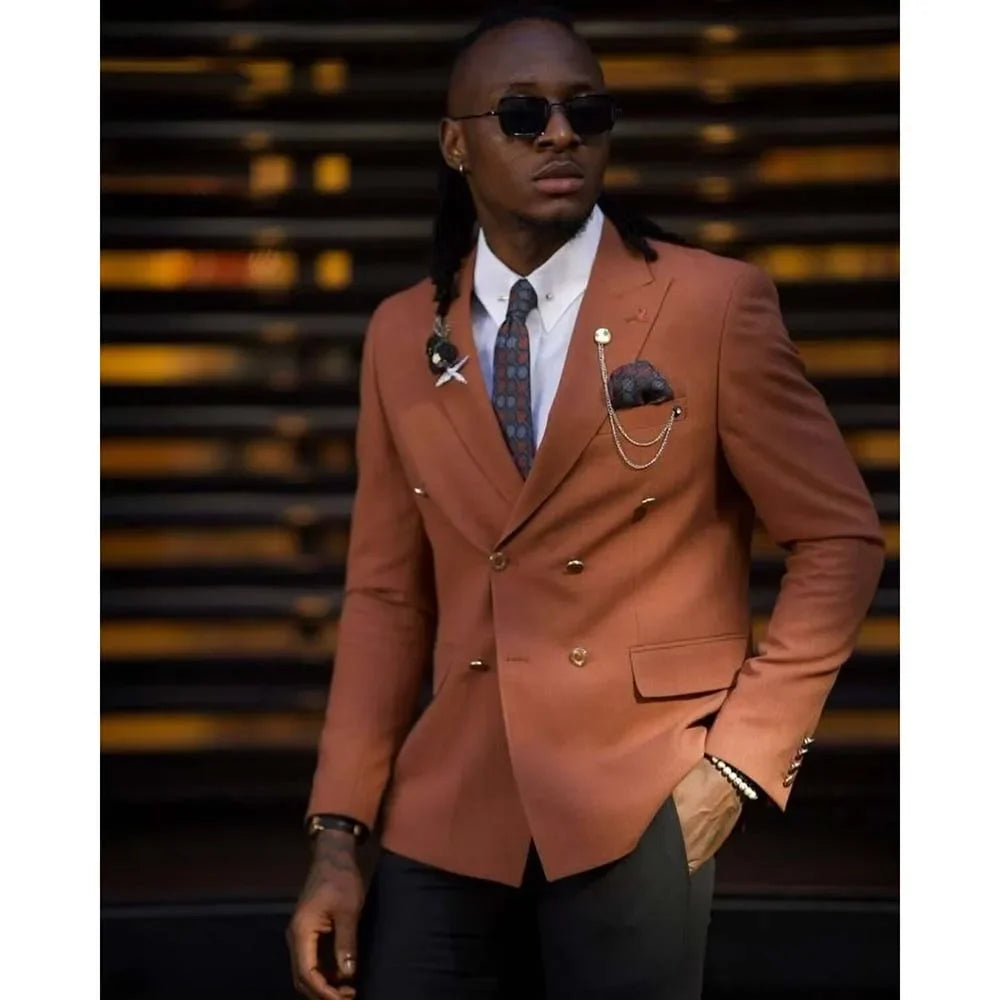 Double Breasted Men Suits Formal Peaked Lapel Blazer Fashion Regular Length Flat Front Prom Party 2 Piece Jacket Pants Outfits