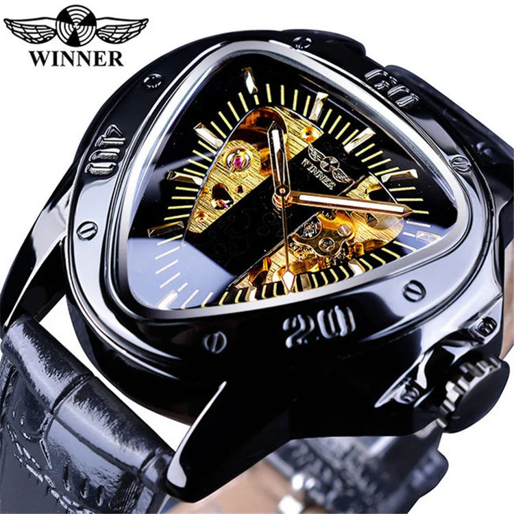 WINNER 516A New Selling Triangle Golden Skeleton Leather Watch for Men Mechanical Automatic Sport Mens Watches for Friend