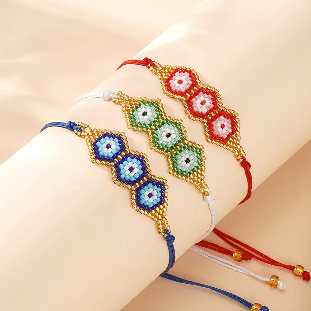 Go2boho Latest Red Blue Green Color Bohemian Women Handmade Jewelry Adjustable Evil Eye Woven Bead Bracelet for Friendship Gift