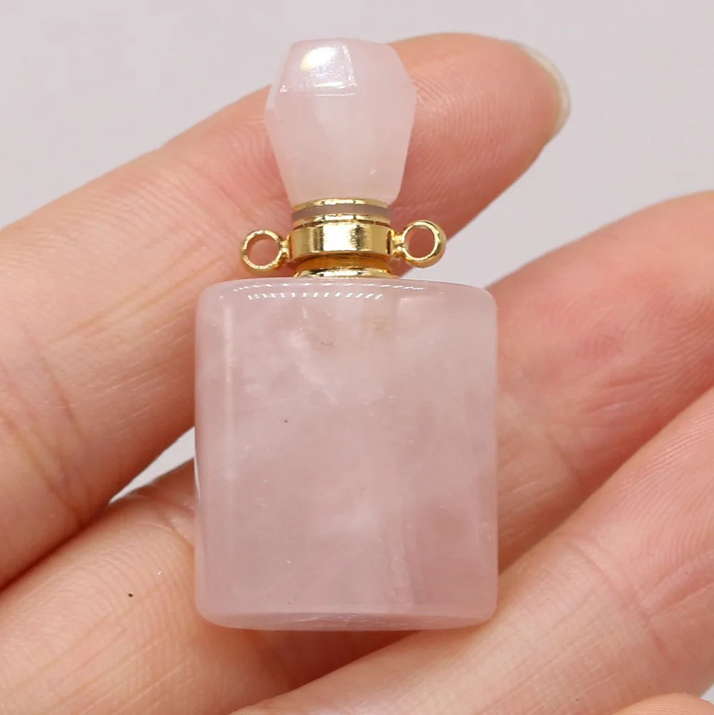 Hongzhuo Rose Quartz Perfume Bottle Pendants Healing Chakra Crystal Quartz Essential Oil Diffuser Vial Necklace for Girl
