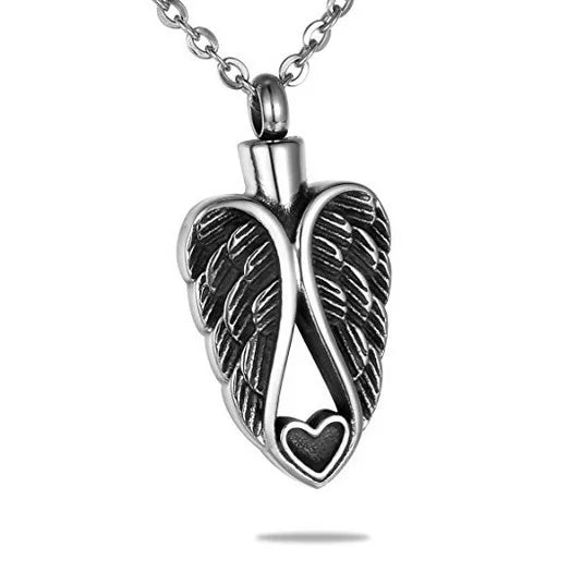 316L Stainless Steel Fine Pendant Urn Human Gold's Funeral Ashes Necklace with Heart Angel Wing & Bone 'Bless You' Charm