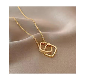New Arrival Square Double Ring Copper Inlaid Zircon Pendant Necklace Titanium Steel Chain Interlocking Circle Necklace for Women