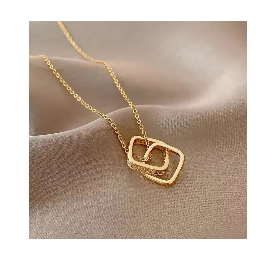 New Arrival Square Double Ring Copper Inlaid Zircon Pendant Necklace Titanium Steel Chain Interlocking Circle Necklace for Women