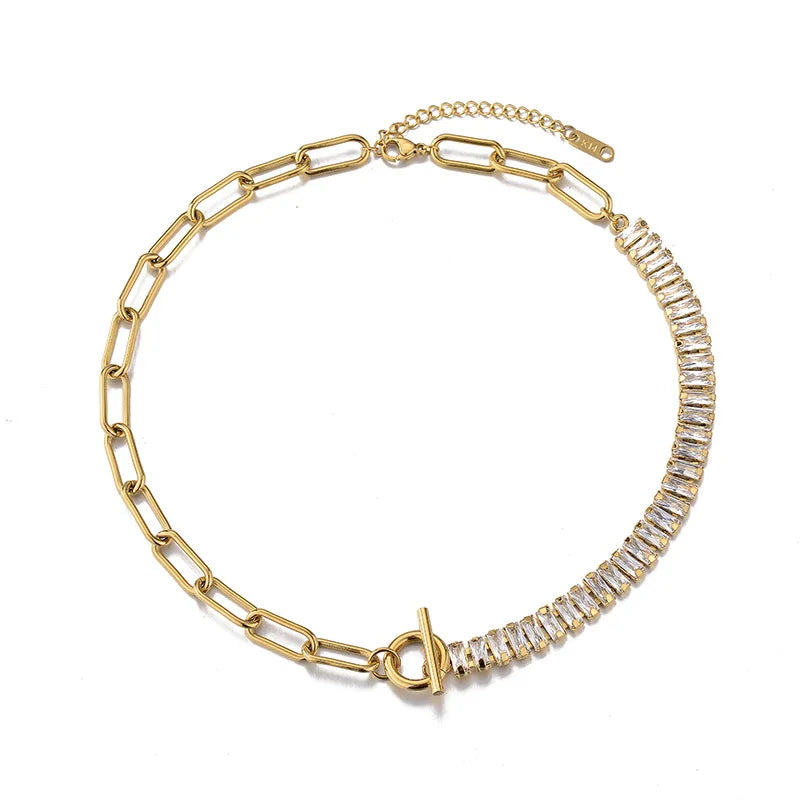 18k Gold Plated Stainless Steel Paperclip Chain Jewelry Baguette CZ Stone Iced Out Square Tennis Chain Choker Necklace Jewellery