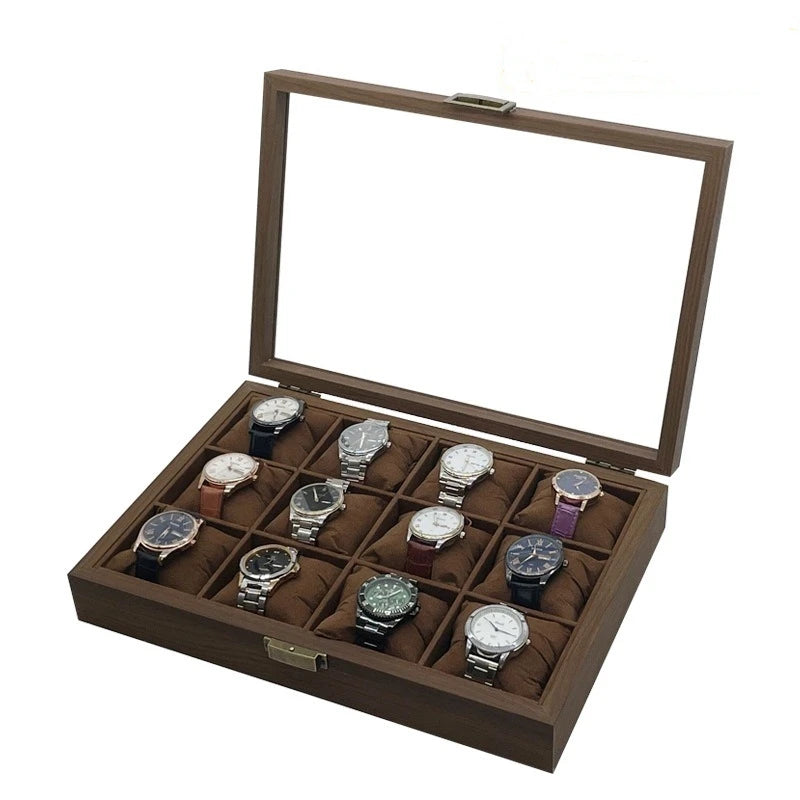 Brown Large 12 Slot Retro Dark Walnut Grain Series Wooden Watch Bracelet Jewelry Organizer Box with Suede Lining Zhuangqun Brand