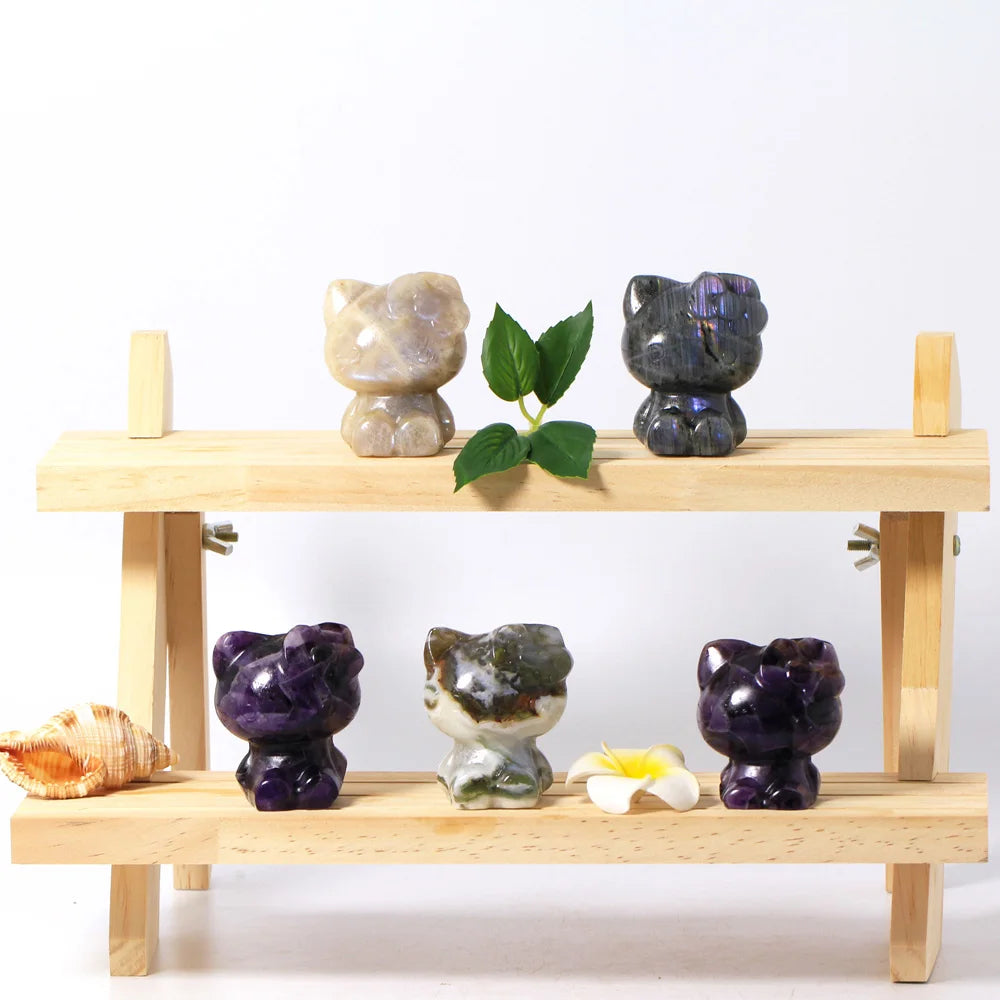 Hot Sales Natural Amethyst Hello Kitty Hand Carved Crystal Hello Kitty Cat Carving for Children Gift