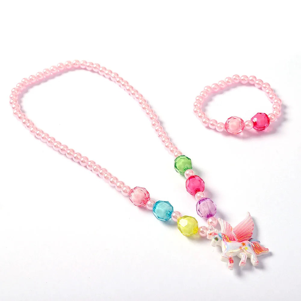 Cute Candy Unicorn Necklace & Bracelet Set for Little Girls' Princess Party Beading Jewelry Gift Idea
