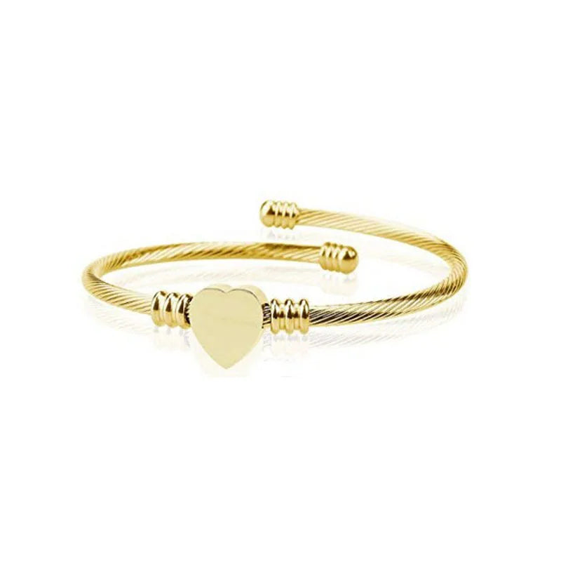 Women Words Engraving Rose Gold Stainless Steel Heart Charm Wire Bangle