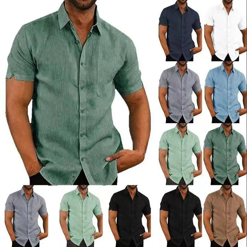 Men's Casual Shirt for Summer Stand Collar With Button Closure Short Sleeve Solid Color Breathable Knitted
