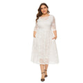 2025  New Fashion Women's Plus Size Lace Floral Evening Dress With Pocket Half Sleeve O-neck Embroidery Knee-length Casual Dress