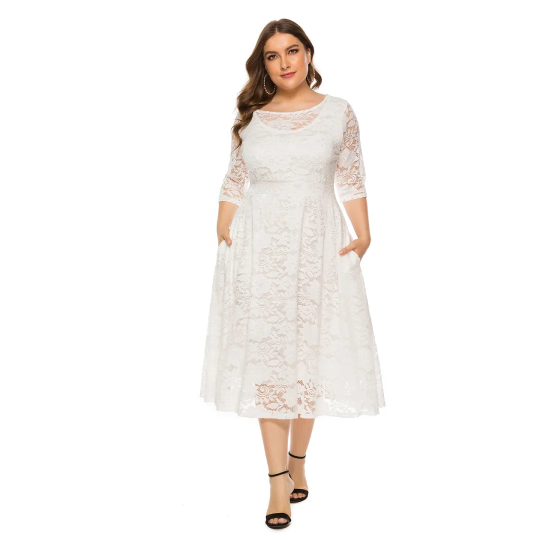 2025  New Fashion Women's Plus Size Lace Floral Evening Dress With Pocket Half Sleeve O-neck Embroidery Knee-length Casual Dress
