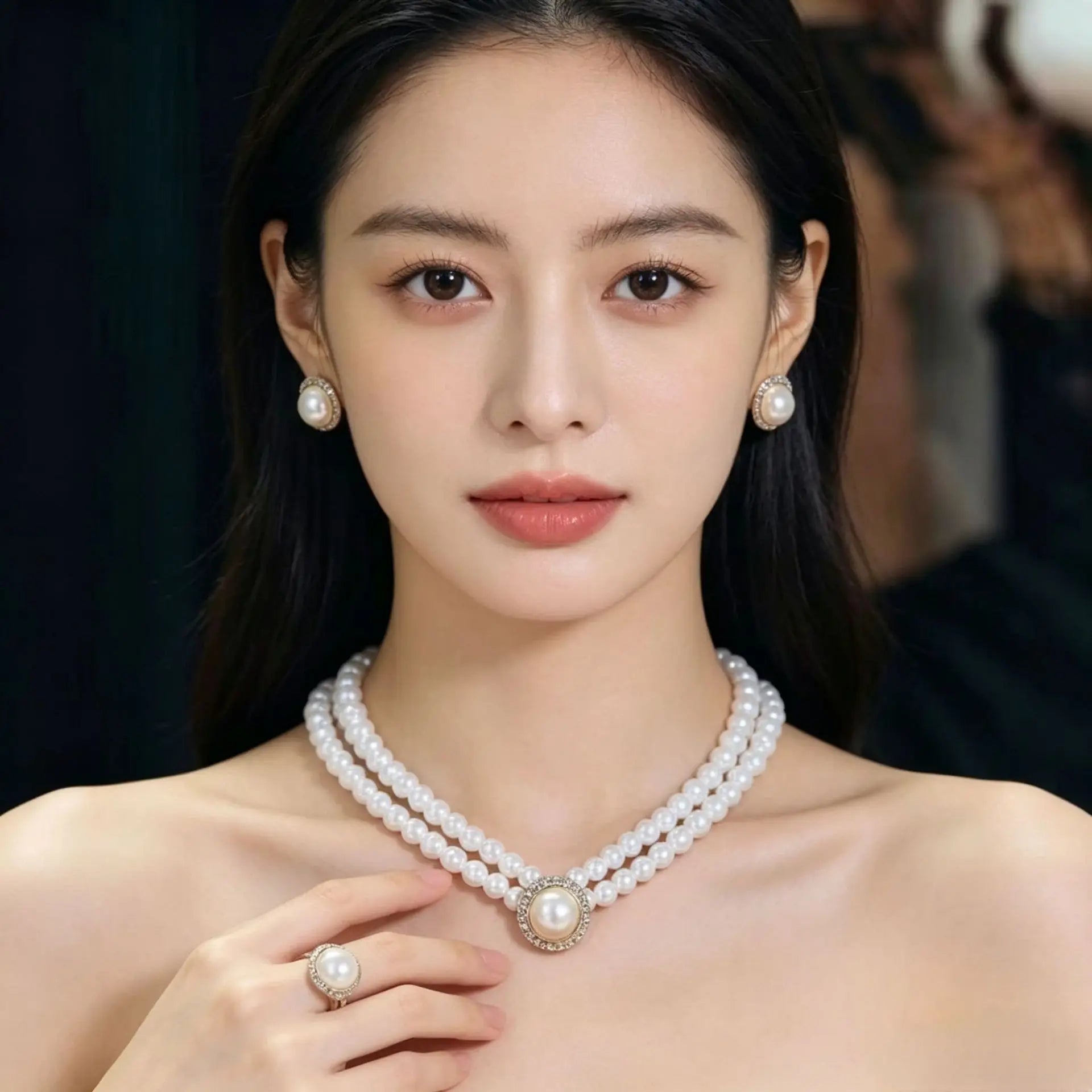 Fashion Full Necklace/Earrings/Ring Mother Button Pearl Copper Gold Plated Wedding Bridal Jewelry Sets for Women Party Occasions