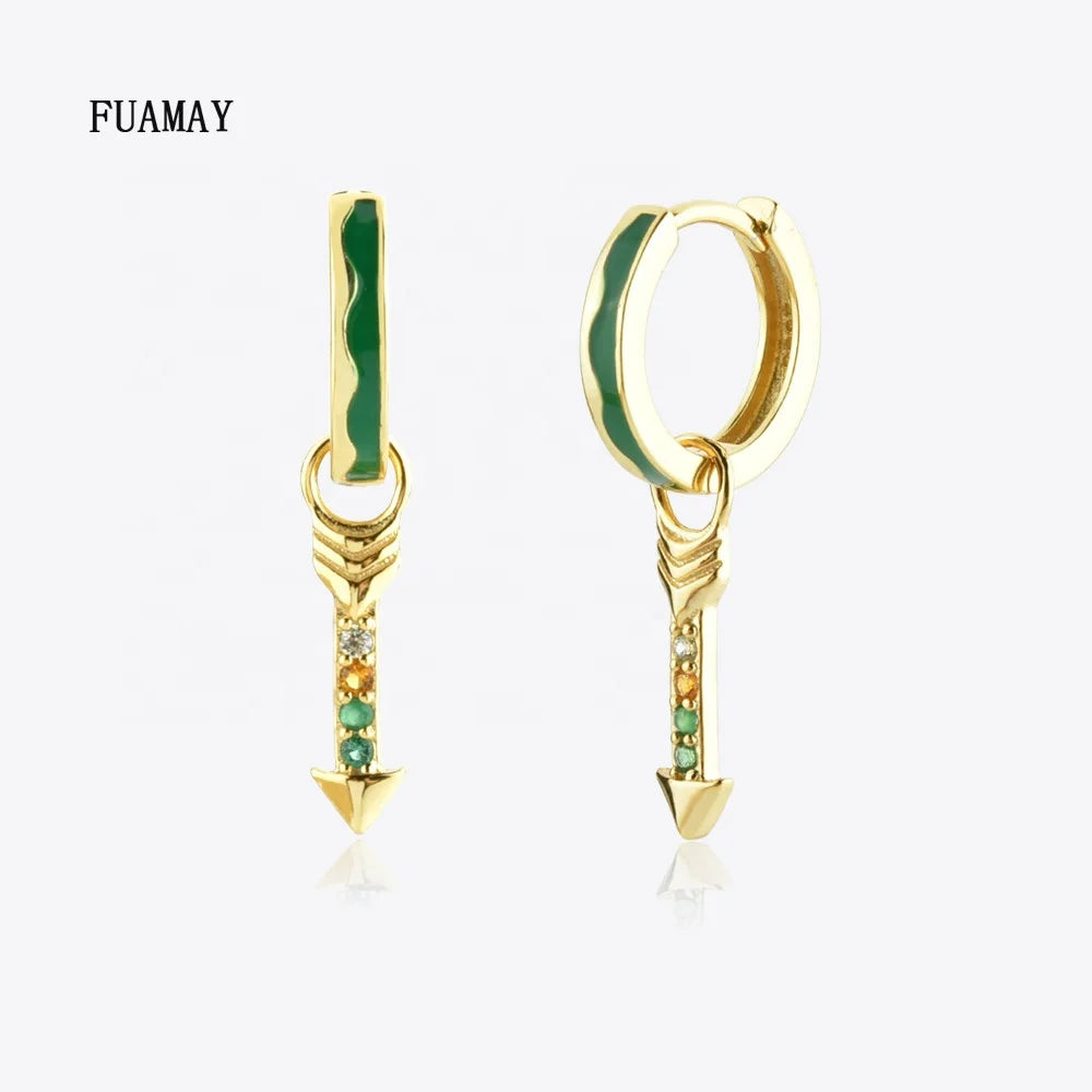 FUAMAY Silver Cupid Arrow Love Drop Earrings Green Enamel Rainbow Zircon Crown-for Wedding Party Spring Christmas Gift Idea
