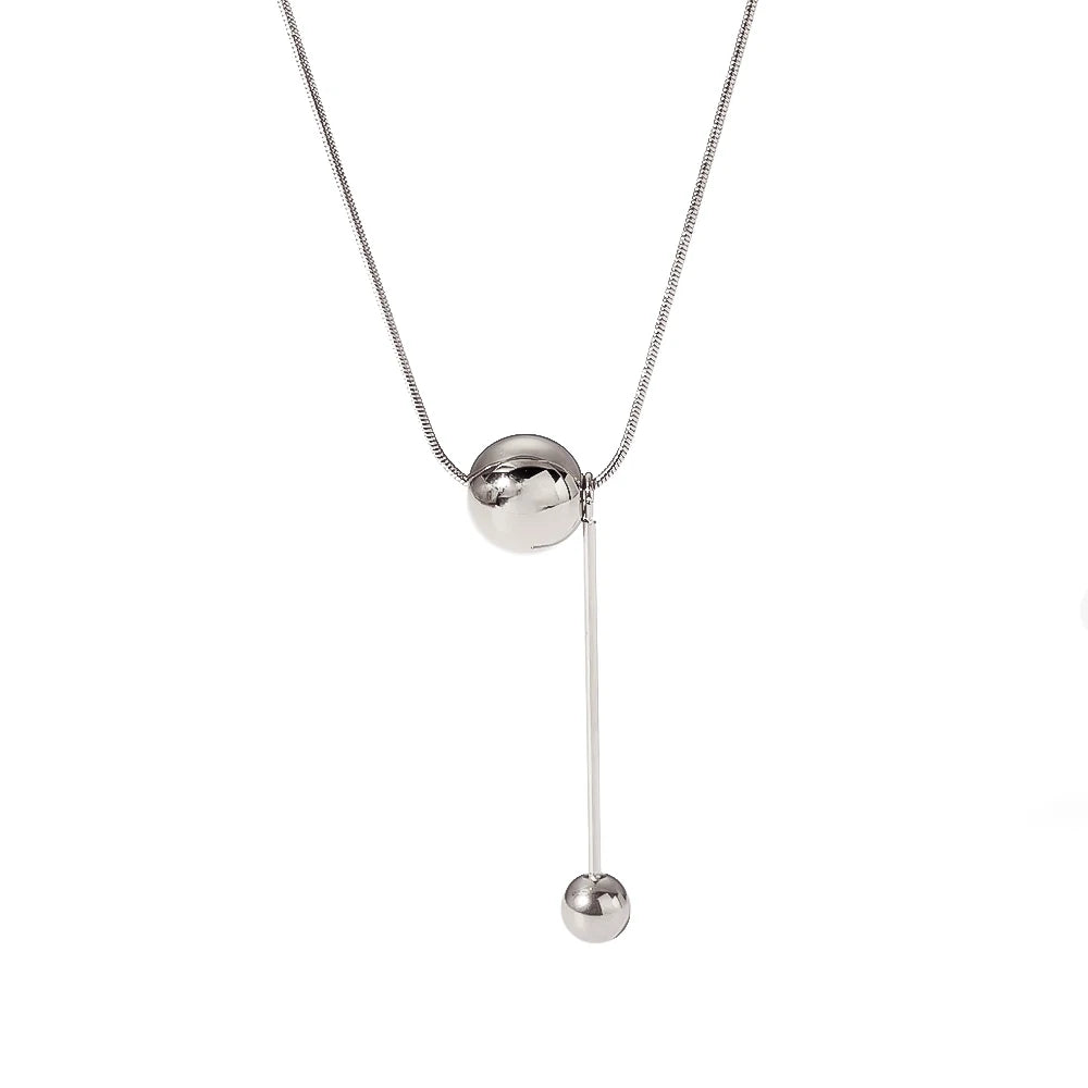 Titanium Steel Versatile Long Tassel Choker Necklace for Women Small Ball Pendant with Herringbone Link Chain