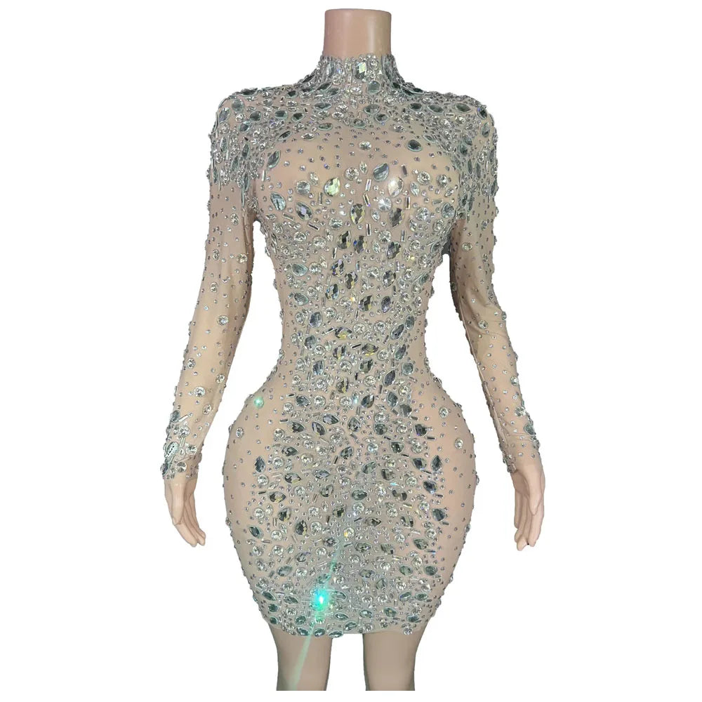 Sparkly Rhinestone Crystal Dress Women Birthday Celebra Te Costume Female Singer Bling Party Dresses   Singer Party Costume