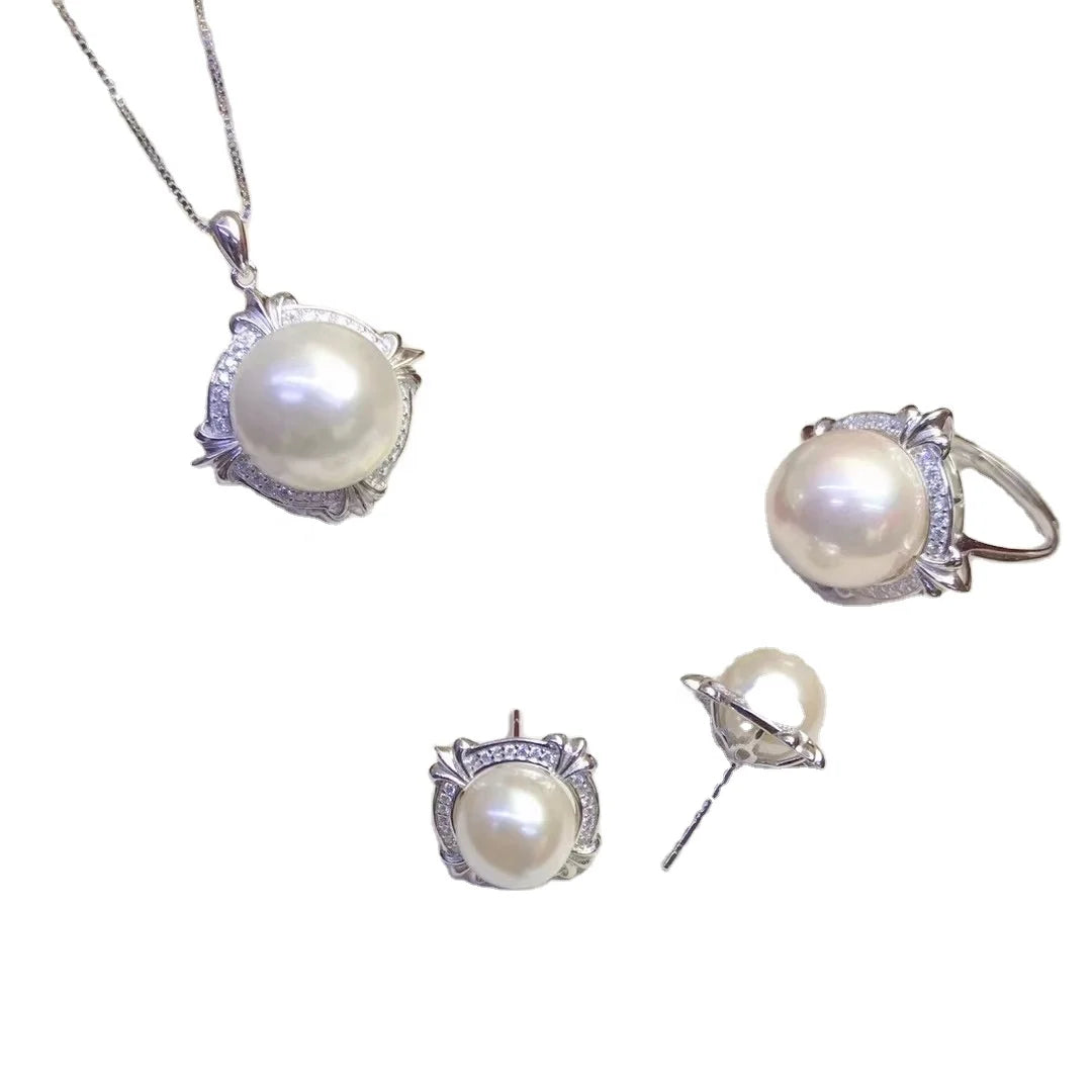 JW071 9-13mm  DIY Natural Real Freshwater Pearl Set Charm  Accessories 925 Sterling Silver  Gold Plated Jewelry Set for Women