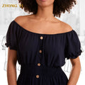 Custom Vintage Chiffon Short Sleeve Midi Dress Loose Elegant Ladies Casual Elastic Waistband Off-shoulder Flowy Dress for Women