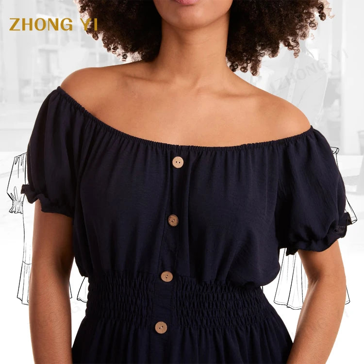 Custom Vintage Chiffon Short Sleeve Midi Dress Loose Elegant Ladies Casual Elastic Waistband Off-shoulder Flowy Dress for Women