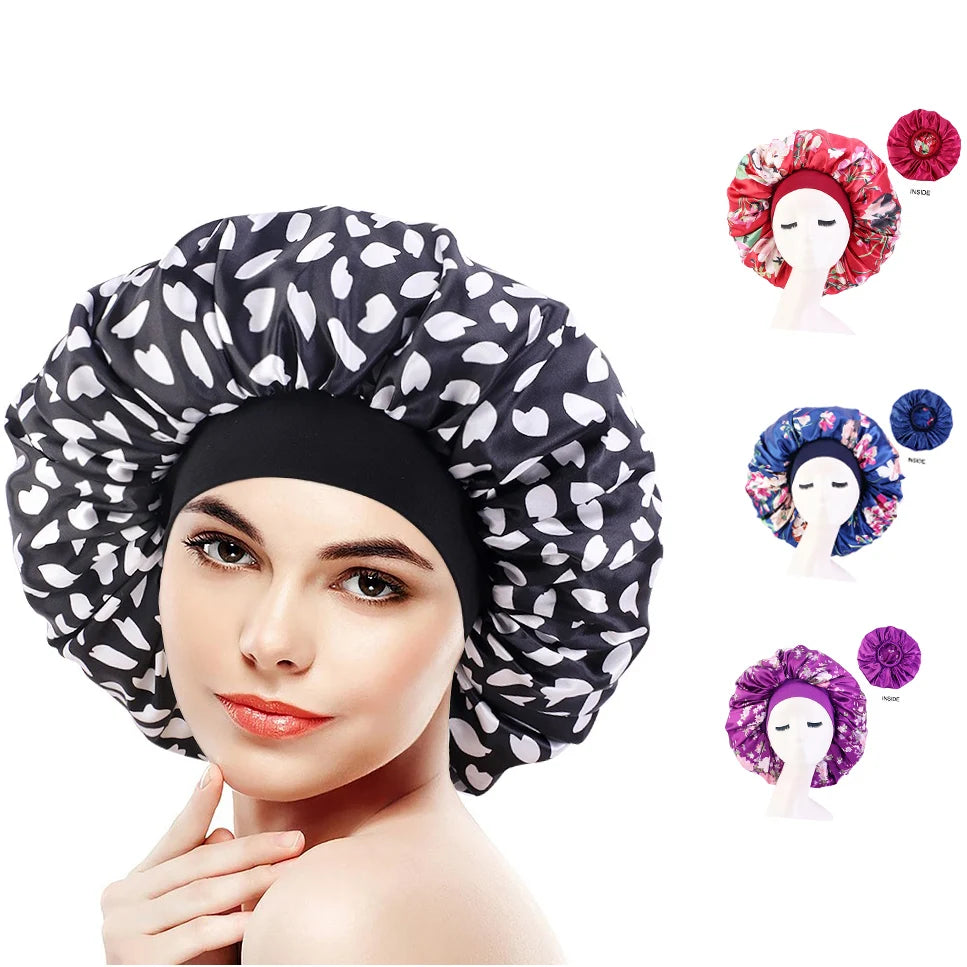 Extra Double Side Bonnet Designer Hair Bonnets Reversible Wide Band Bonnet Satin Night for Women Girl Silky Hair Loss Cap