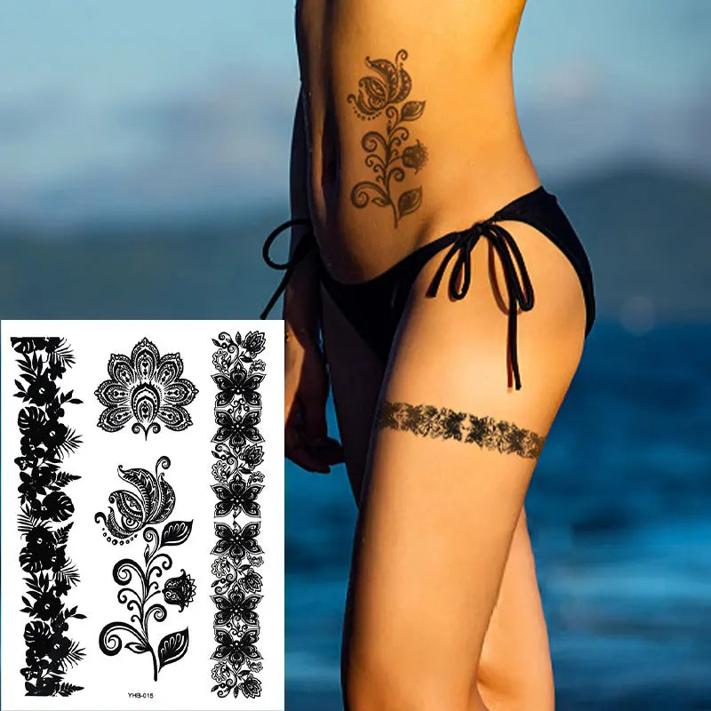2025 New Custom Body Temporary Tattoo Temporary Festival Party Tattoos Black Lace Henna Tattoo Stickers