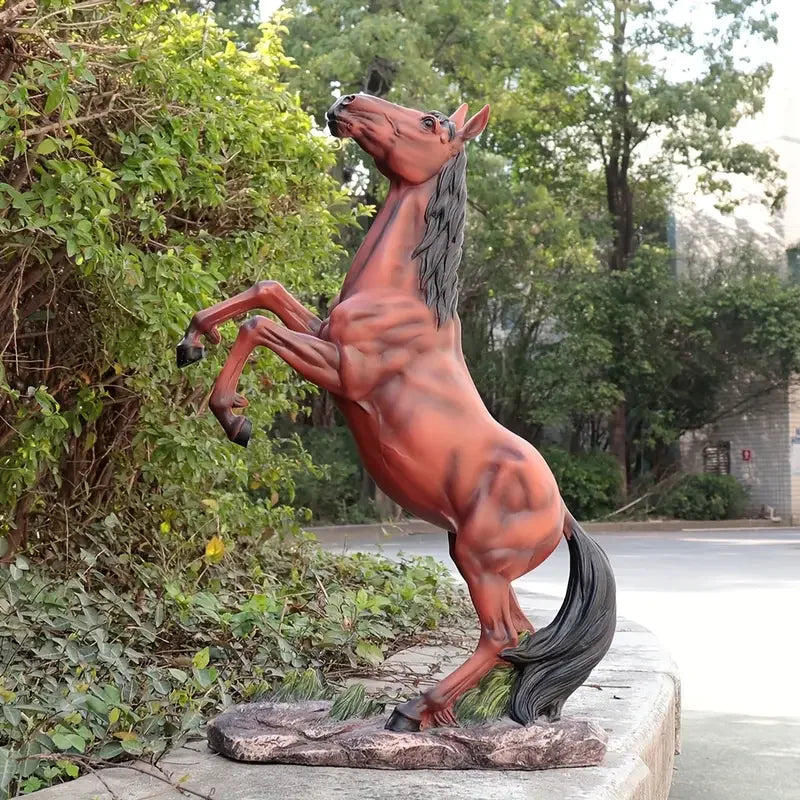 Hot Sale Dynamic Brown Horse Resin Statue with Black Mane & Tail Realistic Rock Base for Outdoor Garden Decor