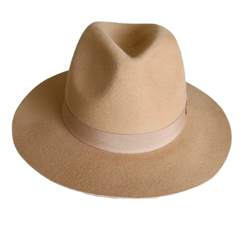 New Camel Men's Luxury Fedora Dress Hats 100% Australian Wool Felt Feather Gentleman Borsalino Trilby for Business Outdoor