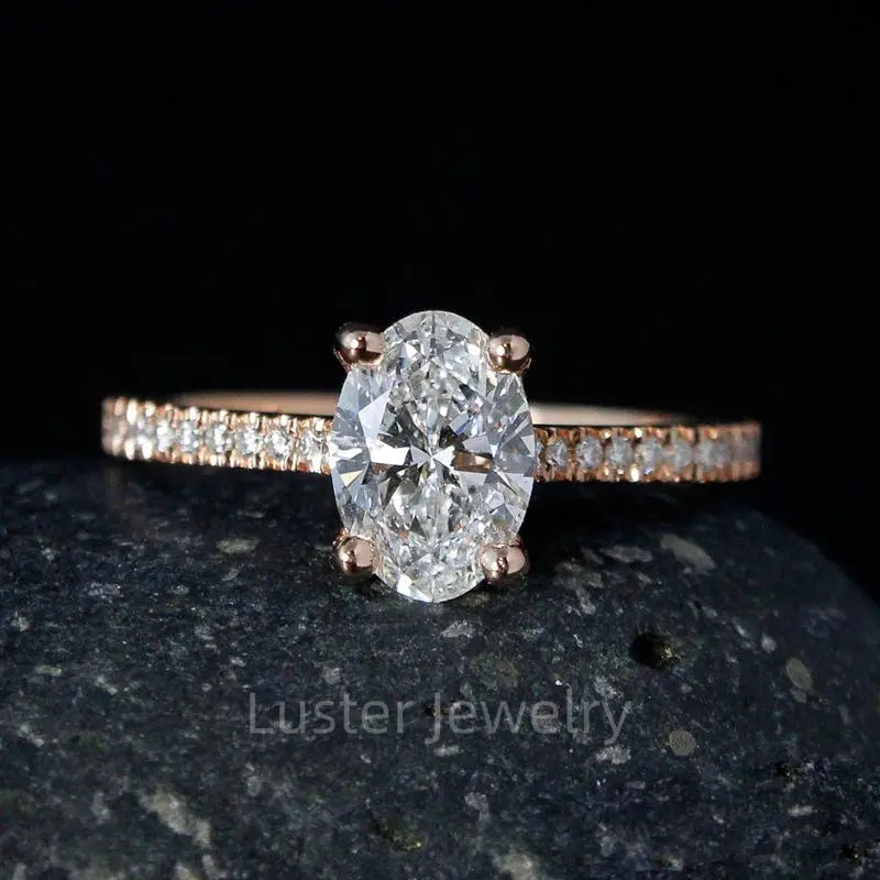 Luster Custom Made Amazing Paving Shank 14k Rose Gold Oval Cut Lab Grown Diamond Engagement Rings
