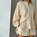 Enyami Oversize Chic Lounge Wear Casual Loose Pleated Plisse Suits Crepe Fabric Long Sleeve Blouse Shorts Women Set