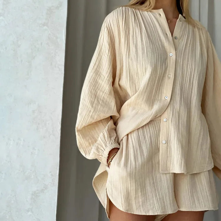 Enyami Oversize Chic Lounge Wear Casual Loose Pleated Plisse Suits Crepe Fabric Long Sleeve Blouse Shorts Women Set