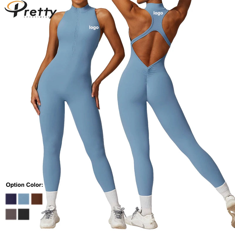 2025 Wholesale High Impact Gym Fitness Jumpsuit Nylon Quick Dry Zipper One Piece Sleeveless Yoga Bodysuit for Women