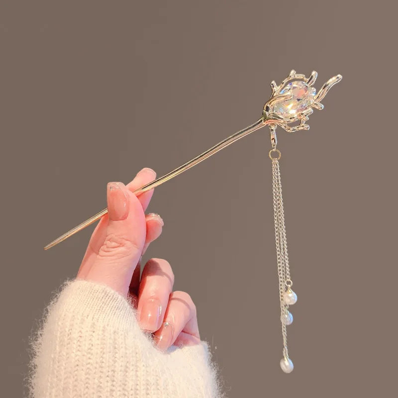 Chinese Style Opal Flower Tassel Clip Retro Pearl Crystal Wedding Bridal Hair Pin Handmade Gold Luxury Silver Headband
