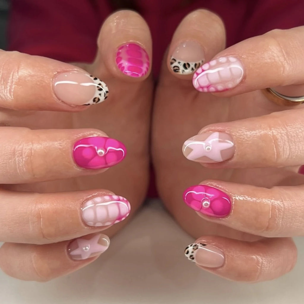 Dropshipping Wholesale 3942 Bold Pink Leopard Print Unique Short Almond False Nail Press on Nail Artificial Fingernail Customize