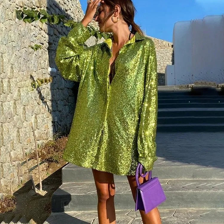 Party Streetwear Fashion Casual Long Sleeve Shirt Green Glitters Sequin Oversize Shirts