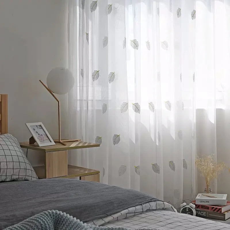 Nordic Style Leaf Pattern Pure Color Sheer Embroidery Polyester Translucent Sheer  Living Room and Balcony
