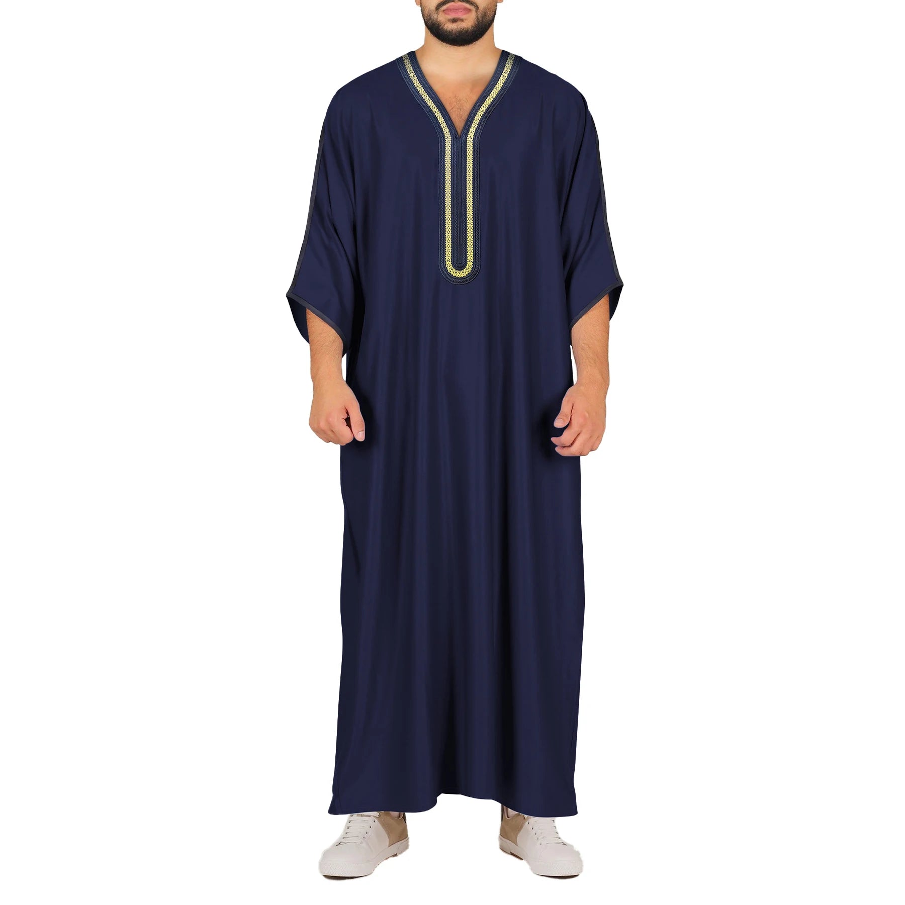 Kaftan for Men Jabador Gandoura Side Pockets 2025 Embroidery Thobe Half Sleeve Muslim Clothes Vintage Casual Robe Men's Jubba