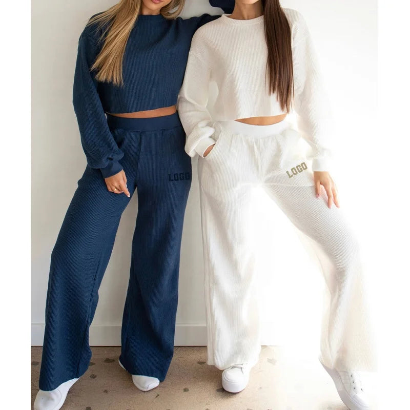 2025 Custom Logo L800813 Crop Top Hoodie Sweatshirt Loose Jogger Set for Women Long Casual Style Crew Neck Jumper 2-Piece Set