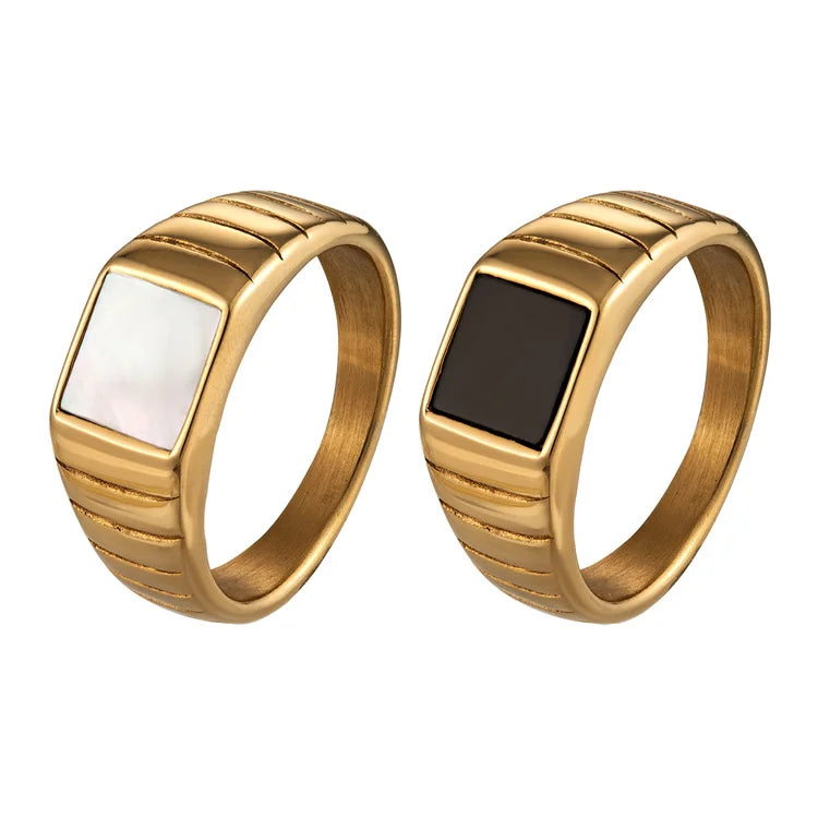 Custom Black White square Shell 14K Gold Plated Stainless Steel Signet Rings for Women