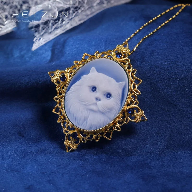 Blue Black Carved Cat Necklace Pendant Brooch Jewelry Gold S925 Bff Original Plated Women Silver 925 Sterling Sliver