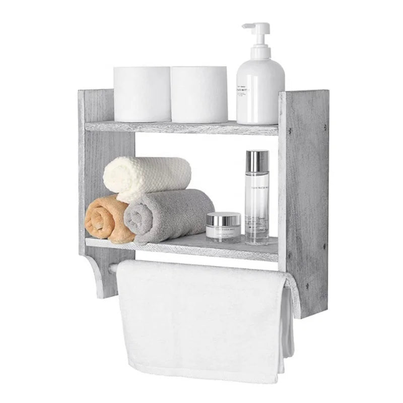 Farmhouse-Style White-Washed Wood Floating Shelves with Towel Bar Wall Shelves for Bathroom or Kitchen Use