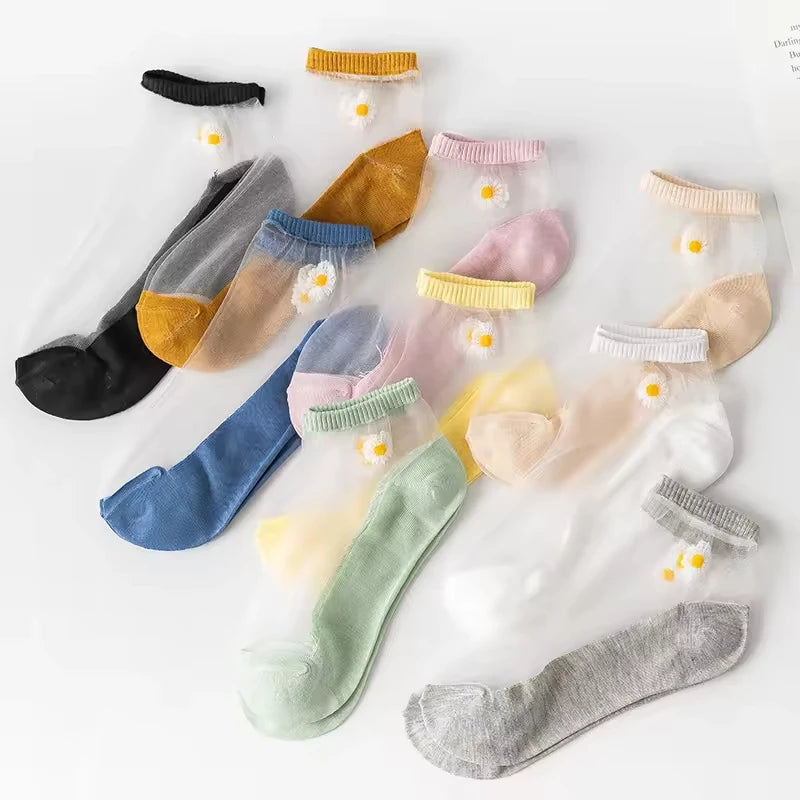 Women's Summer Casual Boat Socks Pearl Crystal Silk Breathable and Translucent Daisy for Outdoor Activities