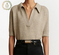 KD Custom Knit Sweater Manufacturer OEM ODM Brown V Neck Short Sleeves Ribbed Hem Polo Classic Wool Knit Shirt Top Sweater