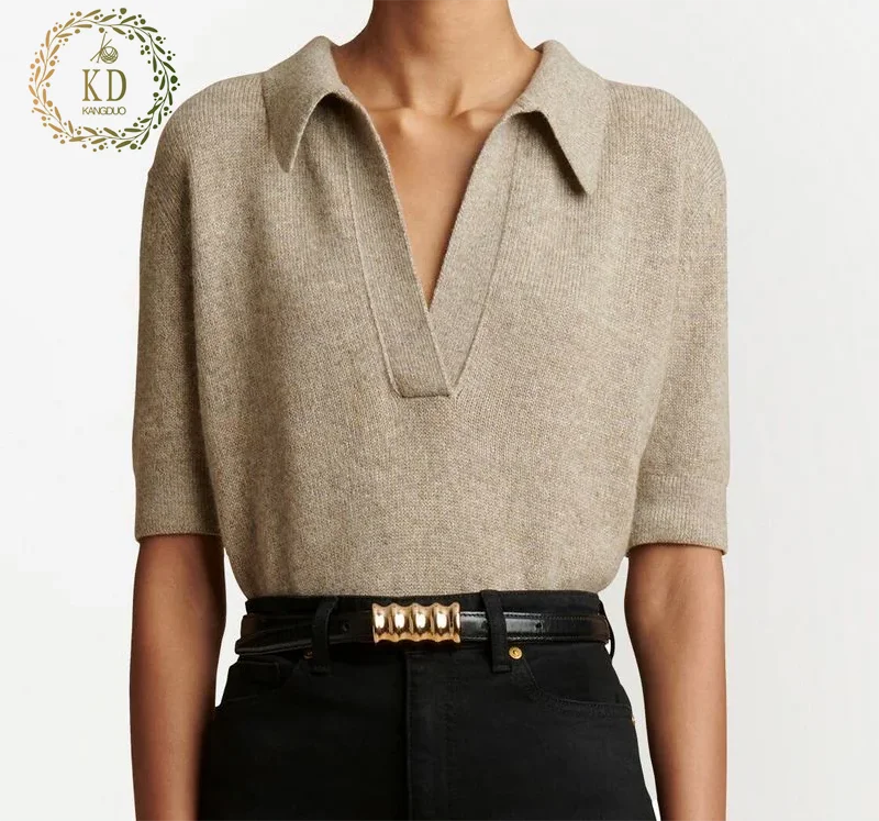 KD Custom Knit Sweater Manufacturer OEM ODM Brown V Neck Short Sleeves Ribbed Hem Polo Classic Wool Knit Shirt Top Sweater