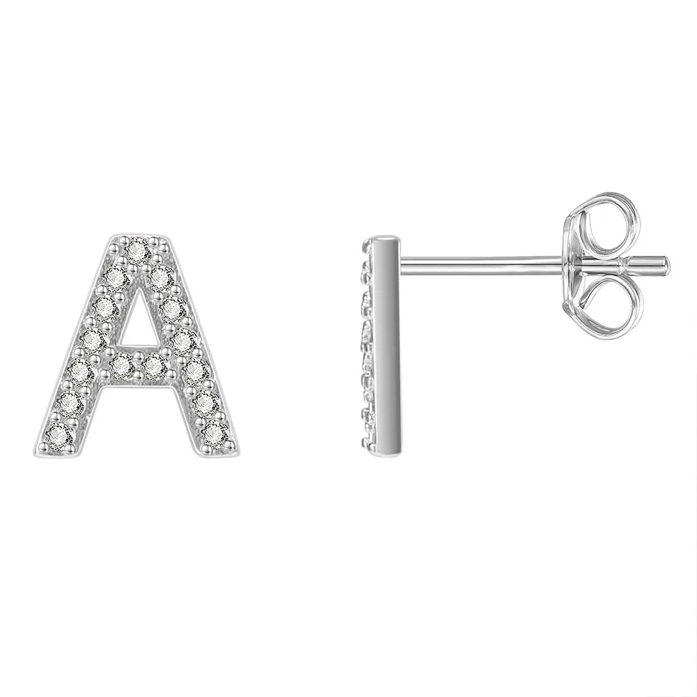 Stud Earrings Alphabet Letter Initial Design R.GEM. 925 Sterling Silver Rhodium Plated Zircon Trendy