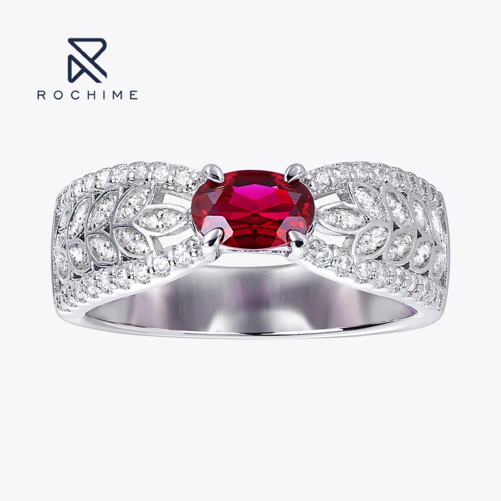 Rochime Luxury Wheat Shape Synthetic Ruby Rings S925 Silver  Rhodium Plated  Jewelry for Women
