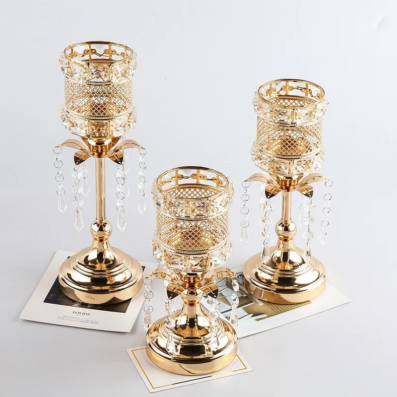 Metal Plating Iron Candlestick Wedding Props Candle Cup Hollowed Out Antique Crystal Candlestick Ornaments