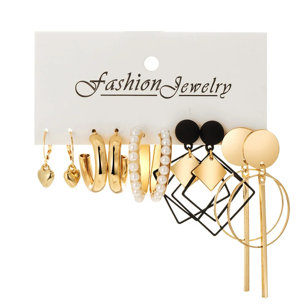 Vintage Boho Geometric Tassel Acrylic Earrings Set for Women Bohemian Pearl Earrings Set Big Drop Earring