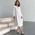 Enyami Boutique Women Casual Loose Fall Spring 100% Cotton Chic Puff Sleeve Pajama robe V Neck A-Line Long Dress